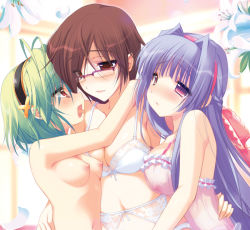Rule 34 | 3girls, blush, bra, breasts, brown hair, emily (pure dream), female focus, fff threesome, garter belt, glasses, group sex, imminent kiss, kiss, large breasts, lingerie, multiple girls, nipples, panties, see-through, smile, source request, threesome, underwear, white bra, white panties, yuri