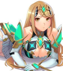 Rule 34 | 1girl, asagi (banzoku210), blonde hair, breasts, chest jewel, cleavage, closed mouth, cowboy shot, dress, gem, headpiece, highres, jewelry, large breasts, long hair, looking at viewer, lying, mythra (xenoblade), raised eyebrow, simple background, solo, strapless, strapless dress, swept bangs, tiara, xenoblade chronicles (series), xenoblade chronicles 2, yellow eyes