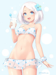 Rule 34 | 1girl, bikini, blue eyes, breasts, collarbone, cup, gluteal fold, hair ornament, hairclip, holding, holding cup, looking at viewer, medium breasts, open mouth, original, sasaame, see-through, short hair, simple background, solo, standing, swimsuit, twitter username, white hair