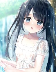 Rule 34 | 1girl, :o, against tree, bad id, bad pixiv id, black hair, blue eyes, blurry, blurry background, blush, breasts, collarbone, dress, hair between eyes, highres, long hair, looking at viewer, open mouth, original, outdoors, see-through, see-through dress, small breasts, solo, sundress, tears, tree, twintails, very long hair, wet, wet clothes, wet dress, white dress, wringing clothes, yomogi komegura