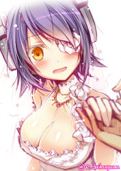 Rule 34 | 10s, 1girl, bare shoulders, blush, breasts, bridal veil, cleavage, daikan&#039;yama ebisu, dress, eyepatch, flower eyepatch, headgear, holding hands, jewelry, kantai collection, large breasts, necklace, open mouth, pov, ring, shiny skin, solo focus, tears, tenryuu (kancolle), tongue, twitter username, veil, wedding band, wedding dress, yellow eyes
