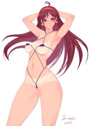 Rule 34 | 10s, 1girl, 2015, aged up, ahoge, areola slip, armpits, arms behind head, arms up, artist name, between labia, bikini, bikini tan, blush, breasts, brown hair, cleft of venus, covered erect nipples, curvy, disney, earrings, gravity falls, hairband, highres, jewelry, long hair, looking at viewer, mabel pines, micro bikini, navel, partially visible vulva, simple background, smile, solo, standing, star (symbol), star earrings, stomach, swimsuit, tan, tanline, tesomu, tongue, tongue out, uncensored, white background, wide hips
