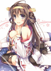 Rule 34 | 10s, 1girl, ahoge, bare shoulders, black eyes, black thighhighs, blush, breasts, brown hair, cleavage, detached sleeves, hair bun, headgear, jewelry, kantai collection, kongou (kancolle), large breasts, long hair, looking at viewer, nontraditional miko, nozomi tsubame, open clothes, ring, single hair bun, sitting, solo, thighhighs, wedding band, yokozuwari