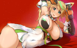Rule 34 | 1girl, aqua eyes, armpits, bare shoulders, blonde hair, blush, breasts, cleavage, covered navel, curvy, elbow gloves, covered erect nipples, fang, gene (pso2), gloves, green hair, headgear, large breasts, long hair, looking at viewer, lying, multicolored hair, on side, open mouth, phantasy star, phantasy star online 2, red background, simple background, solo, tokiwa mmm, twintails, wide hips