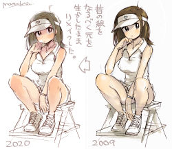 Rule 34 | 1girl, artist name, artist progress, breasts, bright pupils, brown eyes, brown hair, mago, medium breasts, multiple views, original, redrawn, shoes, short hair, sneakers, symbol-only commentary, translation request, visor cap, white pupils