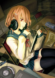 Rule 34 | 1girl, as109, bad id, bad pixiv id, black thighhighs, blonde hair, book, brown hair, chair, checkered floor, colored eyelashes, floor, from above, from side, hair ornament, hairclip, headphones, holding, indoors, long sleeves, looking away, notebook, original, pencil, pencil case, pleated skirt, red eyes, school uniform, serafuku, short hair, sitting, skirt, solo, table, thighhighs, zettai ryouiki