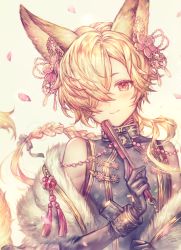 Rule 34 | 1boy, animal ears, blonde hair, blush, bow, braid, brown eyes, closed mouth, commentary, fox boy, fox ears, gloves, granblue fantasy, hair bow, hair ornament, hair over one eye, holding, kou (granblue fantasy), looking at viewer, male focus, off shoulder, shigaraki (strobe blue), smile, solo, symbol-only commentary, turtleneck, upper body