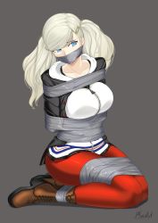 Rule 34 | 10s, 1girl, arms behind back, bdsm, blonde hair, blue eyes, bondage, boots, bound, breasts, duct tape, full body, gag, gagged, highres, improvised gag, jacket, large breasts, long hair, pantyhose, persona, persona 5, plusout, red pantyhose, school uniform, shuujin academy school uniform, sitting, skirt, solo, takamaki anne, tape, tape gag, twintails