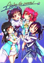 Rule 34 | 4girls, :d, awaken the power, black hair, bow, bowtie, breasts, brooch, cleavage, dress, earrings, frilled sleeves, frills, gloves, gradient background, green eyes, hand on own chest, highres, holding hands, jewelry, kazuno leah, kazuno sarah, kurosawa dia, kurosawa ruby, long hair, long sleeves, looking at viewer, love live!, love live! sunshine!!, mole, mole under mouth, multiple girls, necklace, necktie, open mouth, pom pom (clothes), purple eyes, purple hair, red hair, short sleeves, side ponytail, signature, smile, song name, teeth, tiara, twintails, twitter username, two side up, upper teeth only, waist cape, wata tsun, white gloves, yellow neckwear