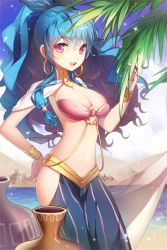 Rule 34 | 1girl, :d, arabian clothes, bad id, bad pixiv id, blue hair, bow, bracelet, breasts, cleavage, dancer, desert, earrings, eunyoi, hair ribbon, hand on own hip, harem outfit, jewelry, jug (bottle), large breasts, linus falco, long hair, lots of jewelry, midriff, navel, necklace, o-ring, o-ring top, open mouth, palm tree, ponytail, pyramid (structure), red eyes, ribbon, shiny skin, smile, solo, sword girls, tree, unyo (ruripin), veil, very long hair, water, wavy hair