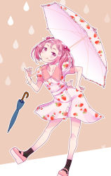 Rule 34 | 10s, 1girl, :q, alternate costume, bangle, bracelet, brown background, closed umbrella, collar, dress, food print, frilled shirt collar, frills, hair bobbles, hair ornament, hand on own hip, head tilt, holding, holding umbrella, jewelry, kantai collection, leaning forward, legs apart, looking at viewer, parasol, pink dress, pink eyes, pink footwear, pink hair, platform footwear, rabbit, sazanami (kancolle), shoes, short hair, short sleeves, smile, socks, solo, standing, strawberry print, striped clothes, striped socks, sumeragi hamao, tongue, tongue out, twintails, umbrella, vertical-striped clothes, vertical-striped socks