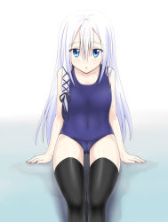 Rule 34 | 10s, 1girl, blue eyes, highres, long hair, one-piece swimsuit, ribbon, school swimsuit, seirei tsukai no blade dance, silver hair, sitting, solo, swimsuit, terminus est, thighhighs, very long hair