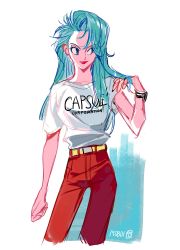 Rule 34 | 1girl, ahndory, aqua hair, arm at side, belt, blue eyes, bulma, closed mouth, dragon ball, dragonball z, hand in own hair, hand up, highres, long hair, neck, pants, red pants, shirt, simple background, smile, solo, standing, t-shirt, white background, white shirt