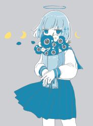 Rule 34 | 1girl, anemone (flower), blue eyes, blue hair, blue halo, blue sailor collar, blue skirt, bob cut, bouquet, covered mouth, cowboy shot, crescent, flower, grey background, halo, highres, holding, holding bouquet, jitome, long bangs, long sleeves, looking at viewer, no pupils, hugging object, original, own hands together, pale skin, pleated skirt, puffy sleeves, sailor collar, school uniform, serafuku, shirt, short hair, sidelocks, simple background, skirt, sleeve cuffs, solo, sskitaco, white shirt