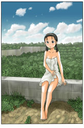 Rule 34 | 1girl, awatake takahiro, barefoot, black hair, border, breasts, cleavage, cloud, feet, female focus, low twintails, nature, outdoors, scenery, sitting, sky, solo, toes, towel, twintails, white border