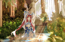 Rule 34 | 1girl, absurdres, arms up, blue eyes, blunt bangs, blurry, blurry background, blurry foreground, breasts, chinese commentary, closed mouth, commentary, depth of field, detached sleeves, forehead jewel, genshin impact, highres, horns, in water, indoors, lizziebtty, long hair, long sleeves, looking at viewer, midriff, navel, nilou (genshin impact), plant, red hair, signature, small breasts, smile, solo, statue, veil