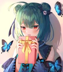 Rule 34 | 1girl, ahoge, bad id, bad pixiv id, blue butterfly, blunt bangs, blush, box, bug, butterfly, commentary request, detached sleeves, double bun, embarrassed, gift, gift box, green hair, hair bun, hair ornament, holding, holding gift, hololive, insect, minttchocok, open mouth, red eyes, shadow, short hair, skull hair ornament, solo, upper body, uruha rushia, uruha rushia (1st costume), virtual youtuber