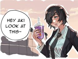 Rule 34 | 1girl, black hair, black jacket, black necktie, black suit, blue eyes, chainsaw man, collared shirt, cup, disposable cup, drinking straw, english text, eyepatch, formal, grimace shake (meme), highres, himeno (chainsaw man), holding, holding cup, jacket, meme, necktie, office lady, open mouth, outdoors, ribosoma 42, shirt, short hair, solo, speech bubble, suit, suit jacket, white shirt