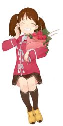 Rule 34 | 1girl, absurdres, black socks, bouquet, brown hair, brown skirt, co botan, commentary request, closed eyes, flower, full body, grin, highres, invisible chair, japanese clothes, kantai collection, kariginu, kneehighs, magatama, pleated skirt, rose, ryuujou (kancolle), simple background, sitting, skirt, smile, socks, solo, twintails, white background, yellow footwear