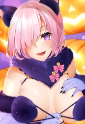 Rule 34 | 1girl, animal ears, breasts, claws, cleavage, elbow gloves, fate/grand order, fate (series), fur trim, gloves, hair over one eye, halloween costume, jack-o&#039;-lantern, kitagawa onitarou, large breasts, mash kyrielight, mash kyrielight (dangerous beast), official alternate costume, pink hair, purple eyes, short hair, solo, wolf ears
