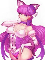 Rule 34 | 10s, 1girl, animal ears, bare shoulders, breasts, cameltoe, cat ears, cat tail, choker, cleavage, cure macaron, elbow gloves, fumio (rsqkr), gloves, hand on own face, kirakira precure a la mode, kotozume yukari, lips, long hair, looking at viewer, medium breasts, precure, purple eyes, purple hair, purple thighhighs, smile, solo, tail, thighhighs, thighs, very long hair, wide hips
