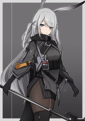 Rule 34 | 1girl, animal ears, arknights, black gloves, black pantyhose, blush, boots, commentary request, cowboy shot, gloves, grey eyes, haguruma c, highres, holding, holding weapon, jacket, long hair, looking at viewer, pantyhose, rabbit ears, savage (arknights), silver hair, solo, standing, thigh boots, thighhighs, weapon