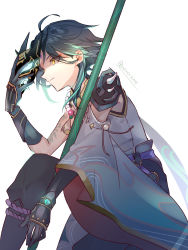 Rule 34 | 1boy, absurdres, ahoge, arm guards, arm tattoo, bare shoulders, bead necklace, beads, black gloves, black hair, closed mouth, detached sleeves, eyes visible through hair, facial mark, forehead mark, from side, genshin impact, gloves, green gloves, green hair, highres, holding, holding mask, holding polearm, holding spear, holding weapon, jewelry, long hair, male focus, mask, multicolored hair, necklace, parted bangs, polearm, sake (utopia modoki), shoulder pads, shoulder spikes, simple background, sleeveless, solo, spear, spikes, tassel, tattoo, weapon, white background, xiao (genshin impact), yellow eyes