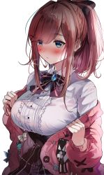 Rule 34 | 1girl, absurdres, blue eyes, blush, bow, breasts, buttons, frilled shirt, frills, gem, hair bow, hair ornament, highres, jacket, large breasts, lips, long hair, long sleeves, nijisanji, off shoulder, open clothes, open jacket, parted lips, pink hair, ponytail, sak (lemondisk), shirt, simple background, skirt, solo, suzuhara lulu, upper body, virtual youtuber, white background, white shirt