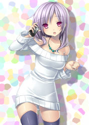 Rule 34 | 1girl, :d, bare shoulders, black thighhighs, blush, breasts, cellphone, collarbone, cowboy shot, dress, earrings, holding, jewelry, light purple hair, long hair, necklace, open mouth, original, phone, pink eyes, ring, simple background, smile, solo, sweater, sweater dress, thighhighs, tsukumiya amane, zettai ryouiki
