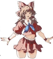 Rule 34 | 1girl, adapted costume, blue neckerchief, bow, brown eyes, brown hair, commentary, cropped legs, english commentary, hair bow, hair tubes, hakurei reimu, highres, looking at viewer, medium hair, mole, mole under eye, navel, neckerchief, open mouth, red bow, red eyes, red nails, red serafuku, red skirt, school uniform, serafuku, shirt, sidelocks, simple background, skirt, solo, tomatolover16, touhou, white background