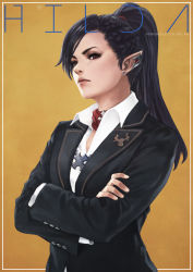Rule 34 | 1girl, absurdres, black hair, black suit, blazer, blouse, character name, collared shirt, contemporary, cornrows, cover, crossed arms, earclip, earrings, elezen, elf, eyebrows, eyeshadow, fake magazine cover, final fantasy, final fantasy xiv, fingernails, formal, furrowed brow, highres, hilda ware, jacket, jewelry, lips, long hair, magazine cover, makeup, monori rogue, nose, pin, pointy ears, ponytail, portrait, red scarf, scarf, shirt, solo, stud earrings, suit, suit jacket, swept bangs, white shirt, yellow background