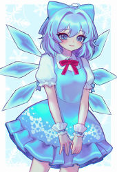 Rule 34 | 1girl, absurdres, blue bow, blue dress, blue eyes, blue hair, blush, bow, cirno, closed mouth, collared shirt, cowboy shot, dress, fairy, frilled sleeves, frills, hair between eyes, hair bow, highres, ice, ice wings, pinafore dress, puffy short sleeves, puffy sleeves, qiu ju, shirt, short hair, short sleeves, sleeveless dress, smile, solo, touhou, white shirt, wings, wrist cuffs