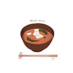 Rule 34 | animal, bowl, cat, chai (drawingchisanne), chopstick rest, chopsticks, commentary request, english text, food, food focus, in bowl, in container, in food, miso soup, no humans, original, seaweed, signature, soup, tofu, undersized animal, white background