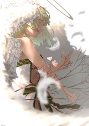 Rule 34 | 1girl, absurdres, angel, angel wings, bare arms, blonde hair, blurry, blurry background, blurry foreground, closed eyes, commentary, dress, english commentary, falling feathers, feathers, flower, from side, halo, hand up, highres, medium hair, nico-tine, open mouth, original, plum blossoms, profile, side-tie dress, solo, tearing up, teeth, upper teeth only, white background, white dress, wings