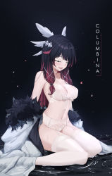 Rule 34 | 1girl, bare shoulders, black background, black hair, blush, bow, bra, breasts, bug, butterfly, choker, cleavage, closed eyes, coat, columbina (genshin impact), commentary, eye mask, feint721, fur-trimmed coat, fur trim, garter belt, genshin impact, gradient hair, hair wings, head wings, highres, insect, large breasts, lingerie, long hair, multicolored hair, navel, off shoulder, open mouth, paid reward available, panties, red hair, ripples, see-through, sitting, sitting on water, smile, solo, stomach, streaked hair, string panties, thighhighs, thighs, two-tone hair, underwear, wariza, water, white bow, white bra, white choker, white coat, white mask, white panties, white thighhighs, wings