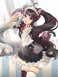 Rule 34 | 1girl, :d, absurdres, ahoge, animal bag, animal ear fluff, animal ears, apron, asymmetrical legwear, bag, bell, black apron, black hair, black thighhighs, bow, cat ears, cat girl, cat tail, commentary request, double bun, dress, frilled dress, frills, hair bell, hair bow, hair bun, hair ornament, hands up, highres, jingle bell, long hair, long sleeves, looking at viewer, maid headdress, mismatched legwear, mosomoso, multicolored hair, nijisanji, open mouth, puffy long sleeves, puffy sleeves, purple bow, purple hair, red eyes, shoulder bag, silver hair, sleeves past wrists, smile, solo, split-color hair, star (symbol), streaked hair, tail, tail bell, tail bow, tail ornament, teeth, thighhighs, twintails, two-tone hair, upper teeth only, very long hair, virtual youtuber, white dress, white thighhighs, yorumi rena, yorumi rena (5th costume)