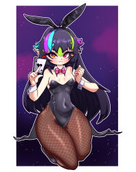 Rule 34 | 1girl, absurdres, ace (playing card), animal ears, black hair, black leotard, black pantyhose, bow, bowtie, breasts, card, coattails, commentary, covered navel, detached collar, english commentary, fake animal ears, fishnet pantyhose, fishnets, heterochromia, highres, large breasts, leotard, miyako.noh, multicolored hair, orange eyes, original, pantyhose, pink bow, pink bowtie, playboy bunny, playing card, purple sky, rabbit ears, red eyes, sky, small breasts, solo, wrist cuffs