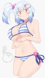 Rule 34 | 1girl, bad id, bad pixiv id, bikini, blue hair, blush, bomb, bombergirl, breasts, explosive, hair ornament, highres, large breasts, looking at viewer, mukuba, navel, one side up, shiro (bombergirl), side ponytail, solo, striped bikini, striped clothes, swimsuit, yellow eyes