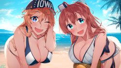 Rule 34 | 2girls, ball, beach, beachball, bikini, blew andwhite, blonde hair, blue eyes, blue sky, breasts, brown hair, character name, cleavage, cloud, commentary request, commission, cowboy shot, day, hair between eyes, hand in own hair, highres, iowa (kancolle), kantai collection, large breasts, leaning forward, long hair, looking at viewer, multiple girls, official alternate costume, outdoors, ponytail, saratoga (kancolle), side ponytail, sidelocks, skeb commission, sky, smokestack hair ornament, star-shaped pupils, star (symbol), swimsuit, symbol-shaped pupils, white bikini