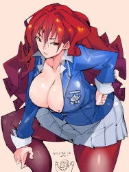 Rule 34 | 1girl, blue shirt, breasts, buttons, cleavage, collarbone, curvy, grey skirt, hair between eyes, hand on own hip, highres, large breasts, long hair, long sleeves, looking at viewer, matsuri (takayama toshinori), mole, mole on breast, multicolored hair, original, pantyhose, red eyes, red hair, school uniform, shirt, simple background, skirt, solo, takayama toshinori, thick thighs, thighs, translated, two-tone hair