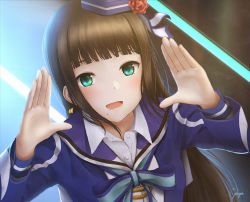 Rule 34 | 10s, 1girl, :d, artist name, bad id, bad pixiv id, blue hat, blue ribbon, blunt bangs, blush, brown hair, collared shirt, commentary request, earrings, flower, from above, green eyes, hands up, hat, hat flower, jewelry, kurosawa dia, long hair, long sleeves, looking at viewer, looking up, love live!, love live! school idol festival, love live! sunshine!!, mini hat, mole, mole under mouth, open mouth, palms, papi (papiron100), ribbon, sailor collar, shirt, signature, smile, solo, tareme, uniform, upper body, wing collar