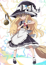Rule 34 | 1girl, absurdres, apron, black footwear, blonde hair, bow, braid, broom, buttons, drawdream1025, dress, frilled dress, frills, hair bow, hat, hat bow, highres, kirisame marisa, large hat, long hair, looking at viewer, mary janes, mini-hakkero, one eye closed, puffy sleeves, shoes, short sleeves, side braid, simple background, single braid, socks, solo, star (symbol), touhou, waist apron, white bow, witch hat, yellow eyes, yin yang