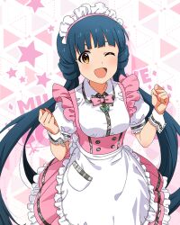 Rule 34 | 1girl, :d, apron, blue hair, blunt bangs, blush, bow, bowtie, breasts, butterfly ornament, cowboy shot, dot nose, dress, framed breasts, frilled apron, frilled skirt, frills, hands up, idolmaster, idolmaster million live!, idolmaster million live! theater days, kitakami reika, long hair, looking at viewer, maid headdress, medium breasts, official alternate costume, official art, one eye closed, open mouth, pink bow, pink bowtie, pink dress, pretty waitress (idolmaster), puffy short sleeves, puffy sleeves, shirt, short sleeves, skirt, smile, solo, standing, star (symbol), starry background, thighhighs, twintails, upper body, very long hair, waist apron, waitress, white apron, white shirt, white thighhighs, wrist cuffs, yellow eyes