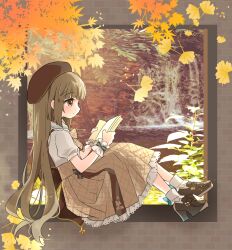 Rule 34 | 1girl, autumn leaves, blunt bangs, blush, book, bow, bowtie, brick wall, brown bow, brown bowtie, brown eyes, brown footwear, brown hair, brown hat, brown skirt, closed mouth, falling leaves, flat chest, frilled skirt, frills, from side, full body, ginkgo tree, green ribbon, hat, high heels, highres, holding, holding book, idolmaster, idolmaster cinderella girls, idolmaster cinderella girls starlight stage, knees up, leaf, long hair, looking at another, maple leaf, mochizuki yomogi, photo background, plaid, plaid bow, plaid bowtie, plaid skirt, print ribbon, ribbon, ribbon trim, sailor collar, scrunchie, shirt, short sleeves, sitting, skirt, smile, socks, solo, very long hair, water, white sailor collar, white scrunchie, white shirt, white socks, window, wrist scrunchie, yorita yoshino