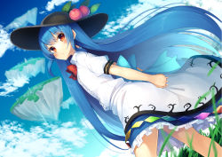 Rule 34 | 1girl, arms behind back, black hat, blue bow, blue hair, blue skirt, blue sky, blurry, blush, bow, bowtie, center frills, cloud, cowboy shot, day, depth of field, dress, dutch angle, floating, floating island, food, frilled skirt, frills, from below, fruit, grass, gurasion (gurasion), hat, hinanawi tenshi, leaf, long hair, looking at viewer, looking down, orange eyes, outdoors, own hands clasped, own hands together, peach, puffy short sleeves, puffy sleeves, rainbow order, red bow, red bowtie, red eyes, ribbon, shirt, short sleeves, skirt, sky, solo, touhou, very long hair, water, waterfall, white dress, white shirt, wind