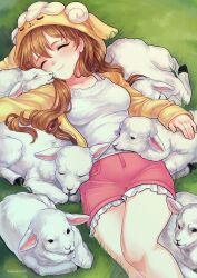 Rule 34 | 1girl, animal, animal hood, artist name, blush, breasts, brown hair, bulkobon, camisole, cheek-to-cheek, closed eyes, closed mouth, collarbone, day, feet out of frame, fingernails, frilled shorts, frills, grass, hair behind ear, hair between eyes, hand on another&#039;s back, hand up, head on another&#039;s shoulder, head on another&#039;s stomach, heads together, highres, hood, hood up, hooded jacket, jacket, konoe kanata, lamb, long hair, long sleeves, love live!, love live! nijigasaki high school idol club, lying, medium breasts, on back, on grass, on ground, open clothes, open jacket, outdoors, outstretched arm, pink shorts, pocket, sheep, sheep hood, shorts, sidelocks, sleeping, sleeves past wrists, smile, solo, wavy hair, white camisole, yellow jacket