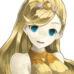 Rule 34 | 1girl, bare shoulders, blonde hair, blue eyes, cinderella (p&amp;d), dress, jewelry, long hair, mosamune, necklace, open mouth, orange dress, puzzle &amp; dragons, simple background, sleeveless, sleeveless dress, smile, solo, tiara, upper body, white background