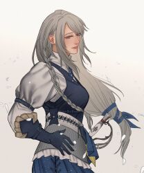 Rule 34 | 1girl, absurdres, blue gloves, blue vest, braid, closed mouth, cropped legs, doopee205, dress, final fantasy, final fantasy xvi, gloves, grey eyes, grey hair, hand on own hip, highres, jill warrick, leather vest, long braid, long hair, low-tied long hair, puffy sleeves, sheath, sheathed, side braid, simple background, single braid, solo, standing, sword, upper body, vest, weapon, white dress
