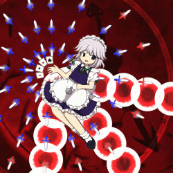 Rule 34 | 1girl, :d, ace (playing card), apron, bad id, bad pixiv id, blue eyes, braid, card, danmaku, frilled skirt, frills, izayoi sakuya, knife, maid apron, maid headdress, official style, open mouth, playing card, pocket watch, short hair, silver hair, skirt, smile, touhou, twin braids, watch, ys (fall), zun (style)
