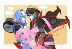 Rule 34 | 2girls, blue eyes, bound together, breasts, chromia, colored skin, helmet, highres, humanoid robot, medium breasts, multiple girls, no humans, panties, red panties, ripper6857, robot, the transformers (idw), transformers, underwear, windblade, wings